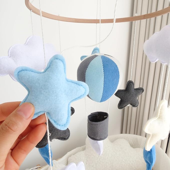 Sky Blue Hot Air Balloon Mobile for Crib Boho Baby Crib Mobile for Boys Girls Stars & Clouds Hot Air Balloon Baby Mobile for Crib