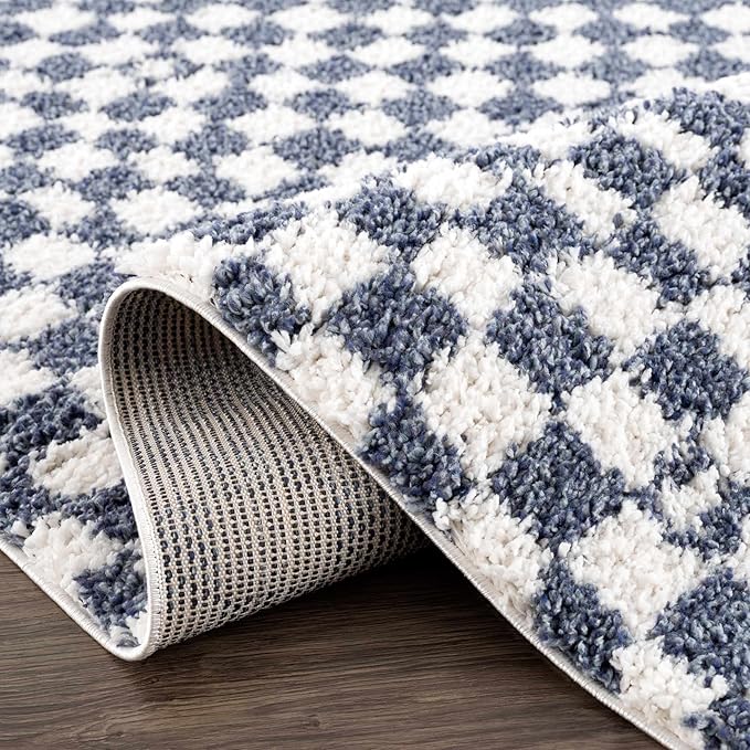 Hauteloom Kieu Contemporary Checkered Fluffy Shag Area Rug - Modern Geometric Soft Carpet Tiles for Living Room, Kids Room, Nursery - White, Blue - 8'10" x 12'