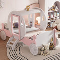 Twin Size Princess Carriage Bed Frame for Boys Girls Kids Toddler with Crown, Wood Platform Car Bed with Stair, White+Pink