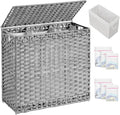Laundry Hamper with Lid Laundry Basket 132 L (35 Gal) Wicker Clothes Hamper, Handwoven Rattan Hamper with Handles and 4 Removable Liner Bags, 6 Mesh Bags for Laundry Bedroom Gray