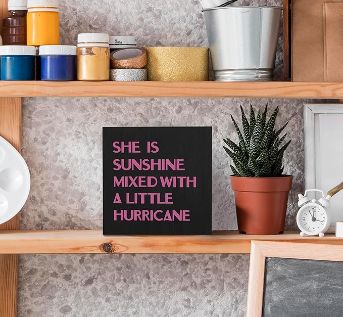 SRADMO She Is Sunshine Mixed with a Little Hurricane Boho Purple Wood Box Sign Desk Decor, Baby Girls Inspirational Wooden Box Decor for Girls Room Nursery Shelf Table Decorative Accessories (Black)