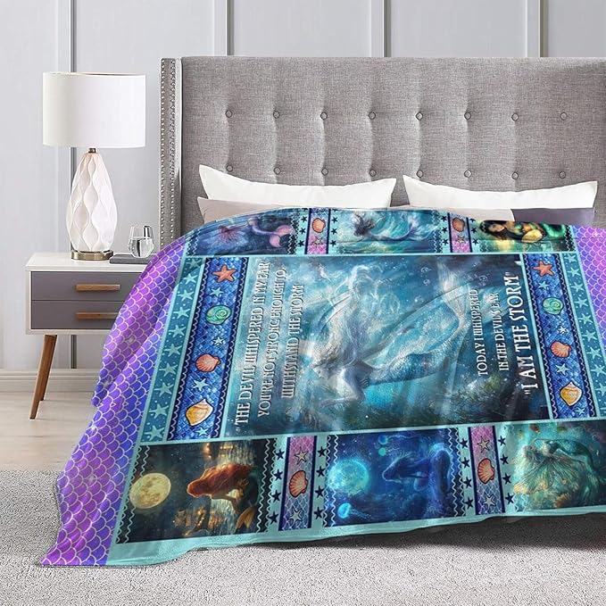 Mermaid Blanket for Girls Blue Ocean Throw Blankets Soft Cozy Warm Fuzzy Fleece Marine Life Shells Bedding Flannel Throws Stuffed Animal Gifts for Mermaid Lovers Kids Men Women Bedroom Decor 80"x60"