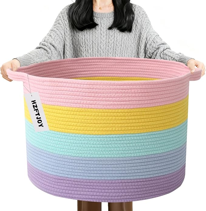 Large Blanket Basket for Organizing,65L Closet Organizers and Storage Bins Box for Shelves Woven Rope Storage Baskets,Living Room,Bedroom,Dorm,Laundry room (Colorful)