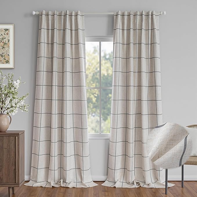 MYSKY HOME 100% Blackout Plaid Linen Curtains 108 Inches Long Double Layer Farmhouse Thermal Insulated Checkered Patterned Drapes Rod Pocket Back Tab for Living Room, 2 Pcs, 52" Wide, Deep Grey