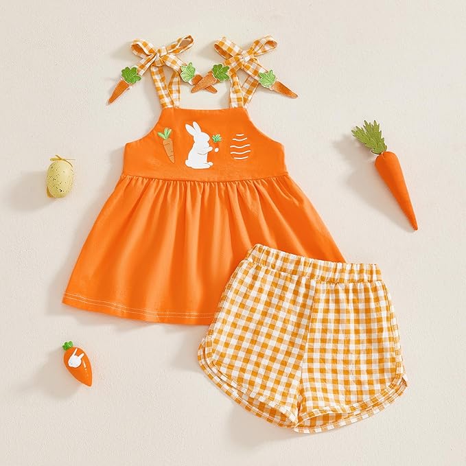 Thorn Tree Baby Girl Summer Outfits Sleeveless Easter Dresses for Toddler Girls Casual Plaid Shorts Bunny Spring Clothes