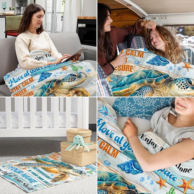 Personalized Turtle Stuff for Girls - 50" x 60" Inches Sea Turtle Blanket Gifts for Kids - Colorful Warm Cozy Blankets for Couch, Bed & Travel