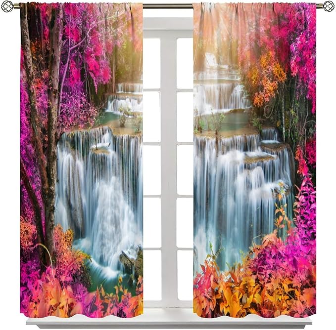 Waterfall Blackout Window Curtains, Nature Landscape Fores Theme Rod Pocket Window Drapes, for Living Room Bedroom 63" W X 72" L