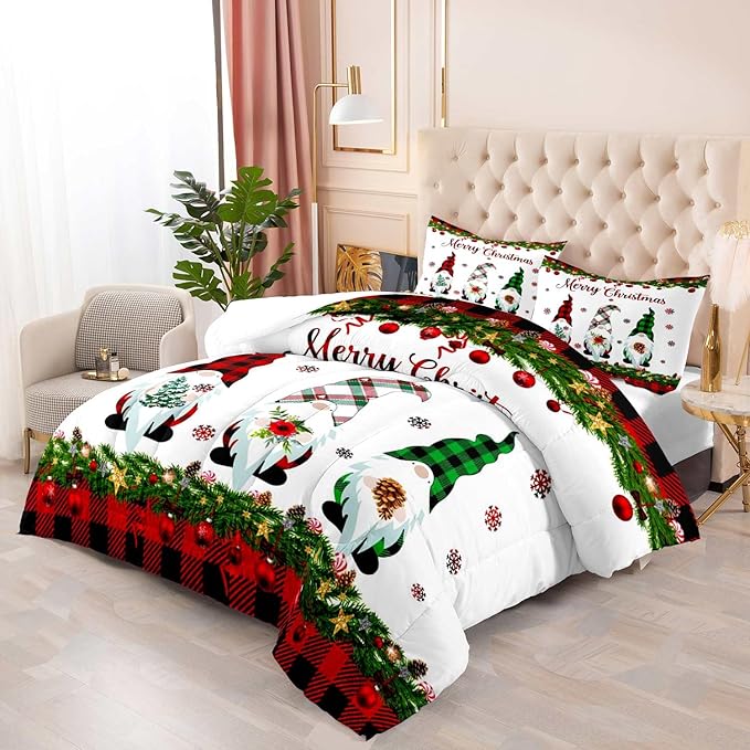 LUVIVIHOME 2PCS Merry Christmas Comforter Set Twin Size, Gnomes Bedding, Cute Christmas Bedroom Decor for Kids Boys Girls Teens, Xmas Gifts, Buffalo Plaid Christmas Gnomes Decorations, 1 Pillow Case