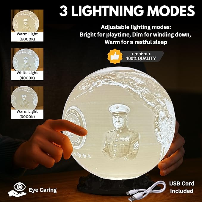 Personalized U.S Marine Retirement Moon Lamp with Custom Photo & Text - Custom USMC Moon NightLight | Military Veteran Gift for Marines, Soldiers, Marine Corps & Service Members