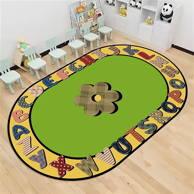 Children's Area Rugs, 4x6ft, Educational And Fun Rugs with ABC Alphabet, Early Learning Rug for Playroom Game Activity, Plaid Floral Non-Slip Soft Indoor Play Mat for Bedroom Nursery, Oval Rug