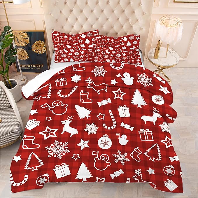 Christmas Plaid Comforter Set: Full Size Cartoon Red Xmas Bedding Sets for Teens Kids Women Christmas Tree Snowflakes Snowman Elk 3 Piece Quilt Bed Set 1 Comforter & 2 Pillowcases