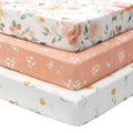 Baby Mini Crib Sheets Girl, Portable 38”x26” Pack and Play Sheets Fitted for Playard and Pack N Play Mattress, 3-Pack Soft Microfiber Orange Watercolor Flower