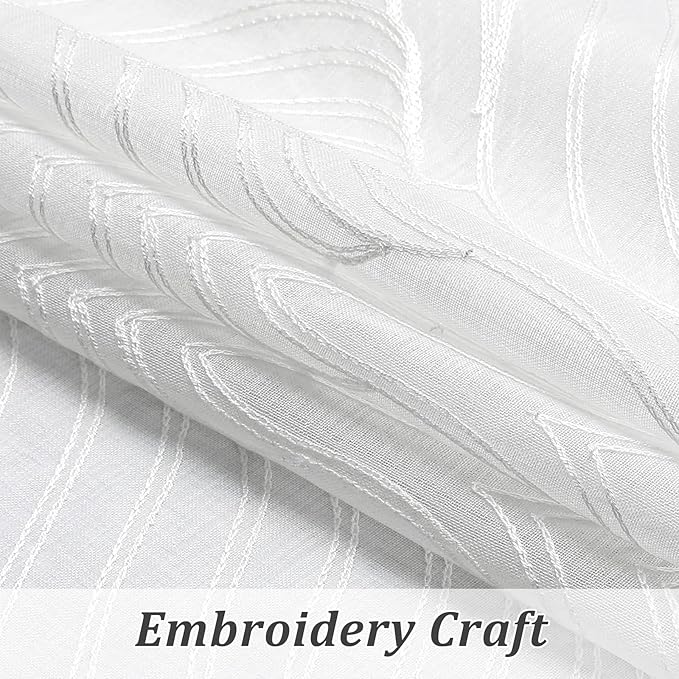 VISIONTEX White Sheer Curtains 72 Inches Long 2 Panels Set Moroccan Embroidery Texture Geometric Rod Pocket Ivory White Voile Tulle Semi Window Treatment Pair for Bedroom Living Room 54 x 72 Inches
