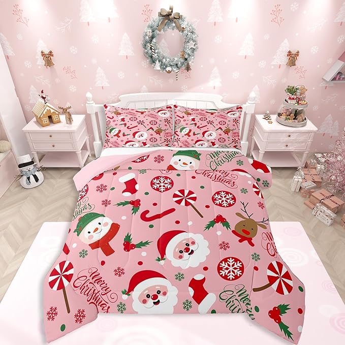 Feelyou Merry Christmas Kids Comforter Set Toddler Size Santa Claus Snowman Bedding Set Deer Berries Duvet Quilt for Kids Boys Girls Bedroom Snowflake Decor Microfiber Ultra Soft Breathable