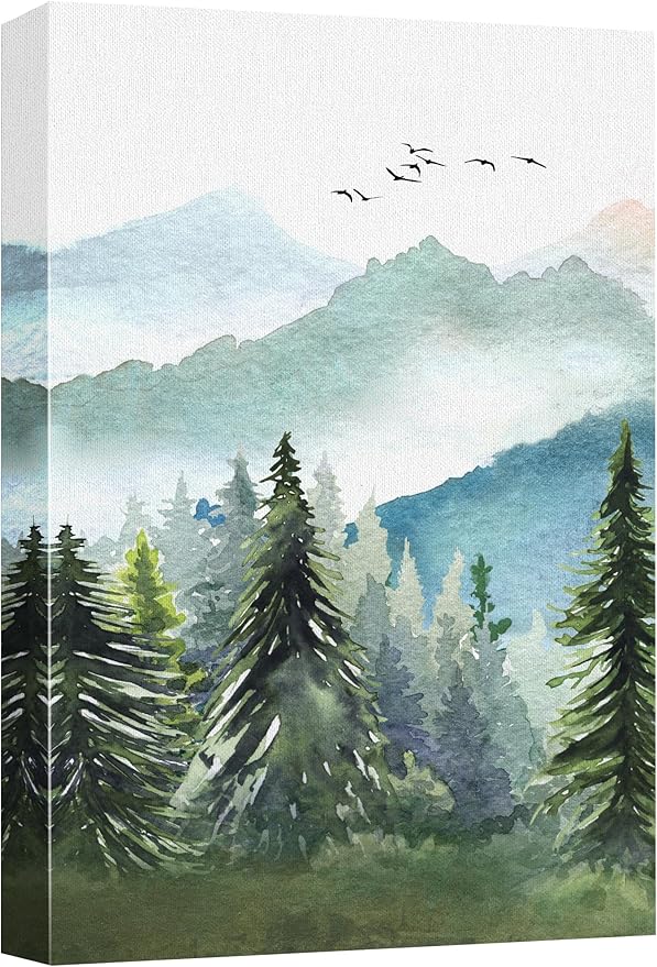 SIGNWIN Canvas Print Wall Art Watercolor Green Forest Tree Mountain Range Nature Landscape Prints Modern Art Woodland Nursery Decor for Living Room, Bedroom, Office - 32"x48"