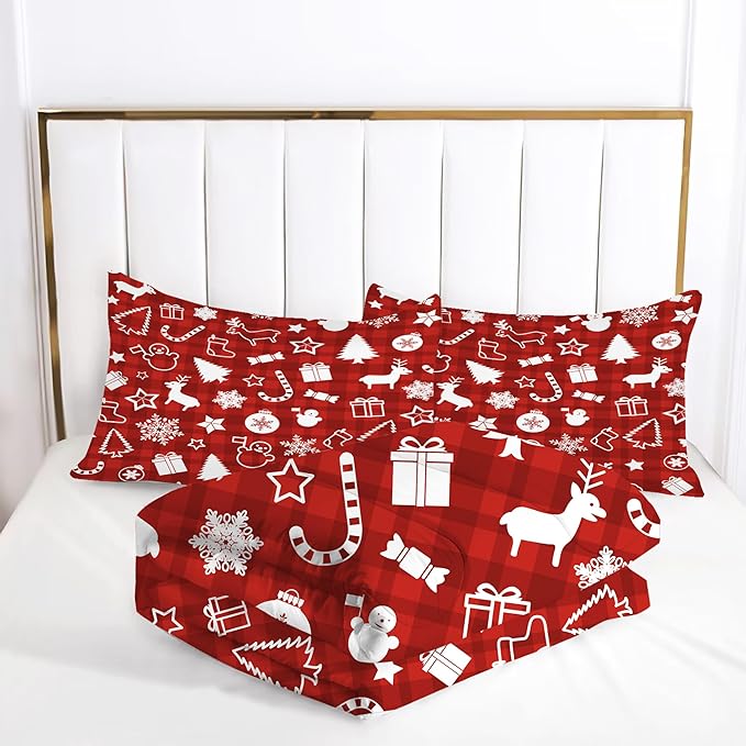 Christmas Plaid Comforter Set: Full Size Cartoon Red Xmas Bedding Sets for Teens Kids Women Christmas Tree Snowflakes Snowman Elk 3 Piece Quilt Bed Set 1 Comforter & 2 Pillowcases