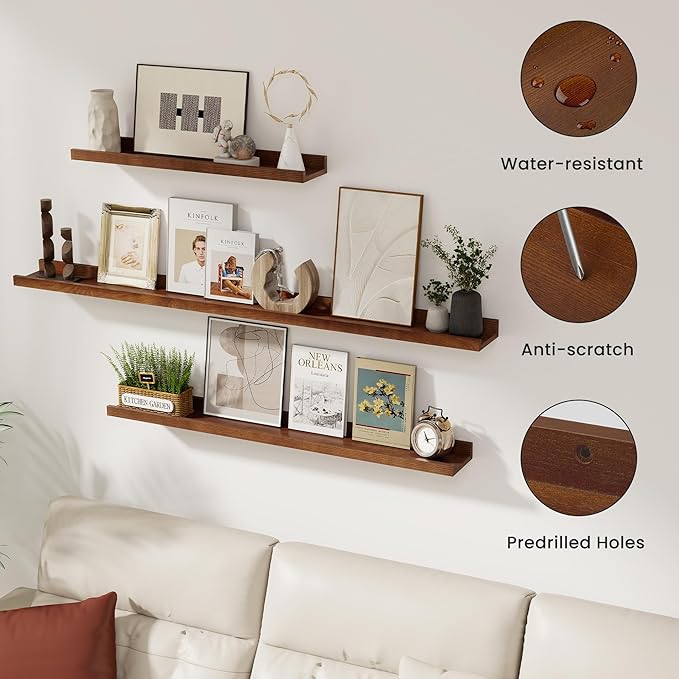 Solid Ash Wood Picture Ledge Shelf, 36 Inch Floating Shelves with Lip Set of 2, Photo Ledge Shelf Nursery Bookshelf Wall Mounted for Living Room Bedroom Decor, Walnut