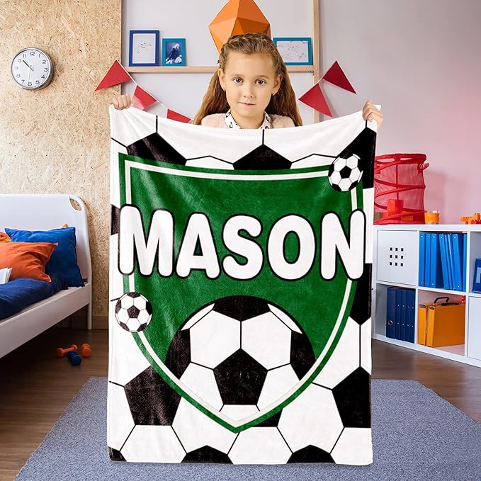 Personalized Soccer Blanket with Name for Boys, Custom Name Blanket for Kids, Soft Flannel Soccer Toddler Blanket Customized Gift for Birthday Christmas Baby Shower Newborn Gift 30'' X 40''