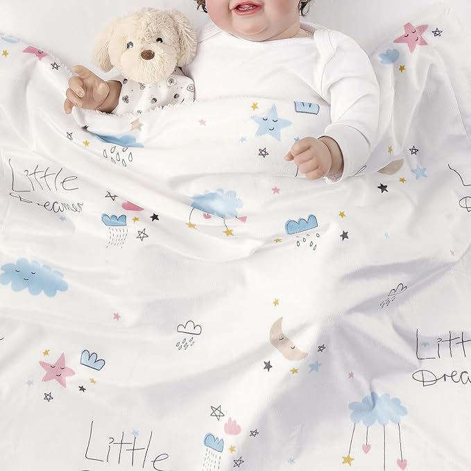 CREVENT 2Pcs 30''X40'' Cute Cozy Fluffy Warm Baby Blankets for Infants Toddlers' Bedding Crib Cot Stroller - Grey Cloud + Dream
