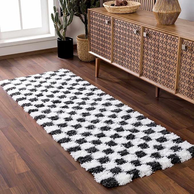 Hauteloom Atira Contemporary Checkered Fluffy Shag Area Rug - Modern Geometric Carpet Tiles for Living Room, Kids Room, Nursery - Plush Pile - White,Black - 4' x 6'