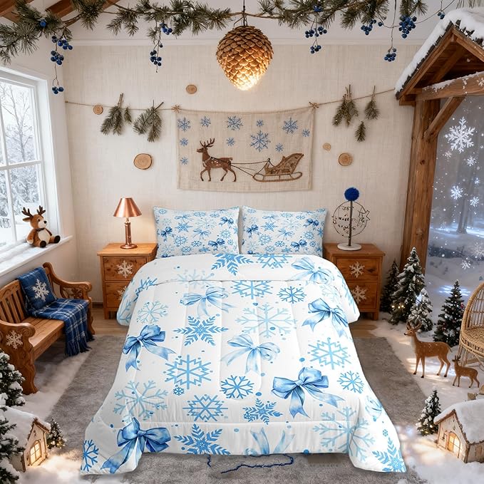 Lovely Bowknot Kids Comforter Set Queen Size,Dreamy Bowknot Dots Snowflake Bedding Set,Room Decor,Winter Merry Christmas Girly Quilt Comforter,Blue White Duvet Set Bedroom Quilt Set,2 Pillowcases