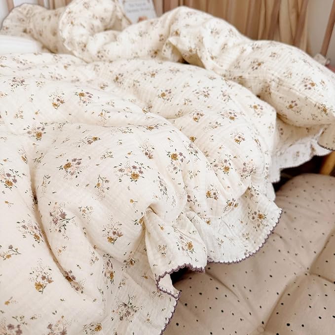 BuLuTu Cottage Floral Duvet Cover King, Soft Breathable Muslin Cotton Comforter Cover 90"x104", Princess Ruffles Bedding Quilt Covers, Zipper Closure,4 Ties, Crapemyrtle Print, No Pillow
