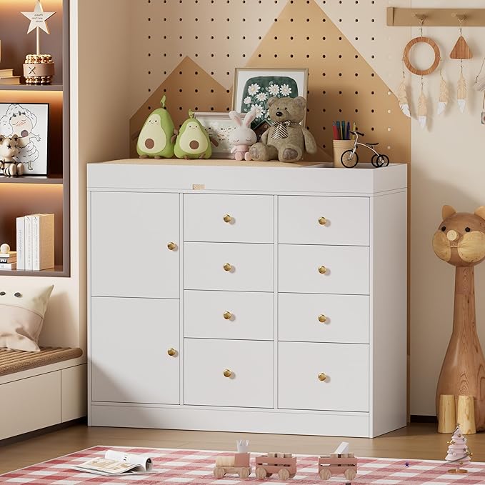 Changing Table Dresser with Drawers,Modern Baby Dresser with Changing Table Top for Nursery,Diaper Changing Station Organizer for Infants Newborn,White