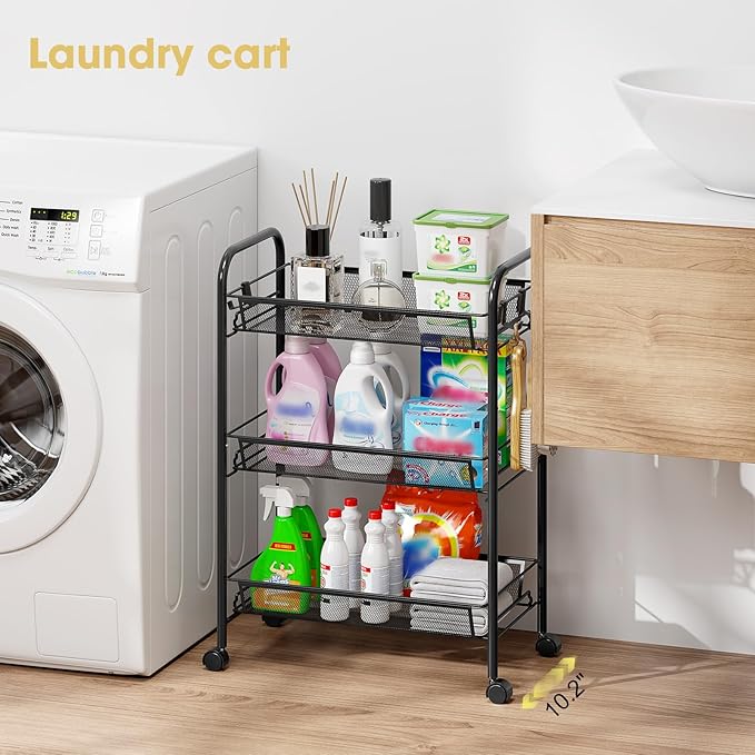 TOOLF 3-Tier Metal Rolling Cart, Mesh Wire Easy Assemble Utility Cart, Storage Trolley on Wheels with 3 Hooks, MetalStorage Shelving Units for Kitchen Bathroom Laundry Room
