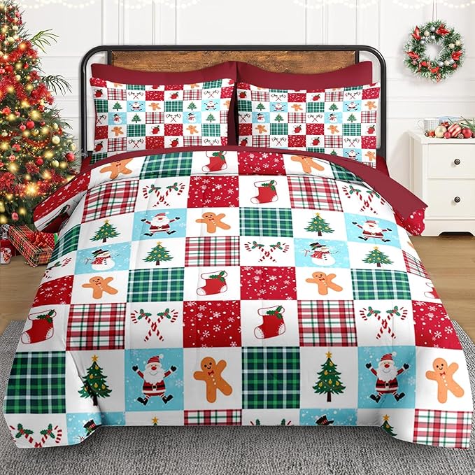 7 Pcs Queen Size Christmas Comforter Set with 2 Pillowcases & 2 Shams, Colorful Plaid Snowman Bedding for Kids and Adults, Cute Gingerbread Man Bed in a Bag with Flat Fitted Sheet
