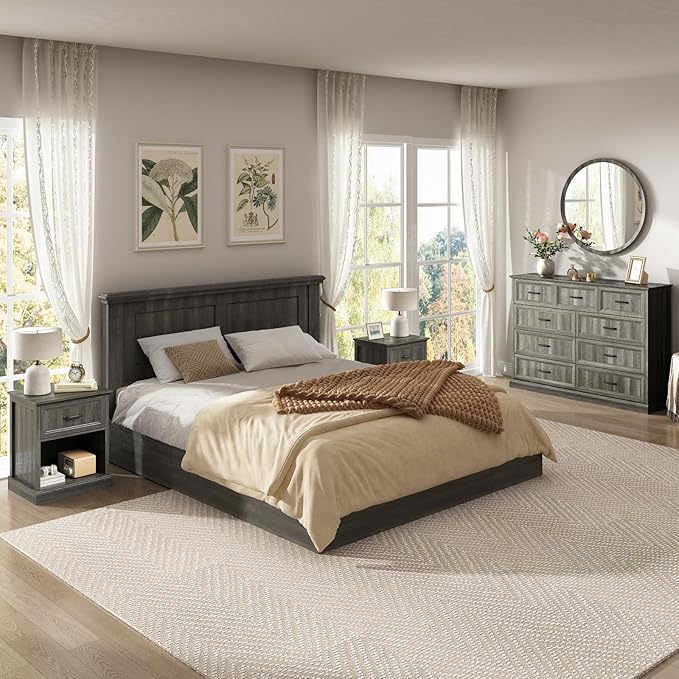 CARPETNAL Farmhouse Dresser and Nightstand Sets for Bedroom, 3 Pcs Bedroom Set, 9 Drawer Dresser & Nightstand Set of 2, Modern Wood Chest of Drawers for Bedroom, Living Room, Entryway, Grey