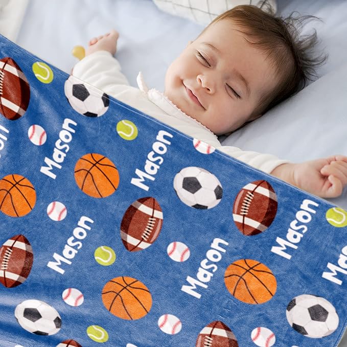 Custom Ball Blanket with Name for Boys, Personalized Name Blanket for Kids Ball, Soft Flannel Customized Gift for Birthday Christmas Baby Shower Children Day 40"x50"
