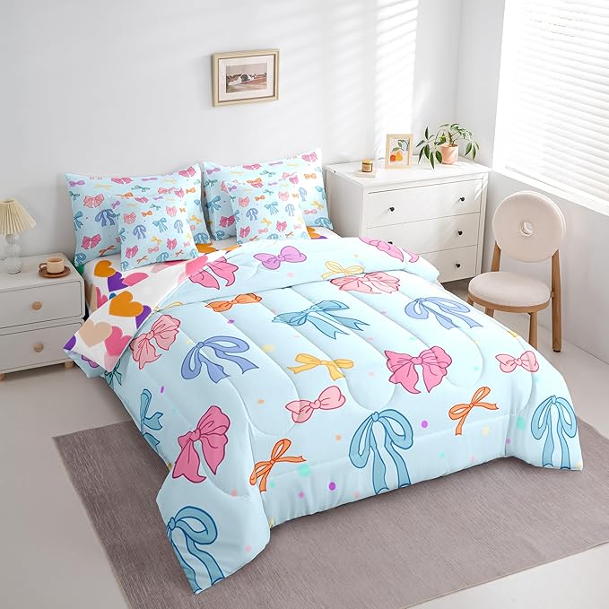 Cartoon Bowknot Kids Comforter King Size,Bow Tie Cute Princess 7 Pcs Bedding Set,Geometric Dot Silk Ribbon Patchwork Room Decor,Pink Blue Dreamy （Fitted+Sheet+2 Pillowcases+2 Throw Pillow Covers）