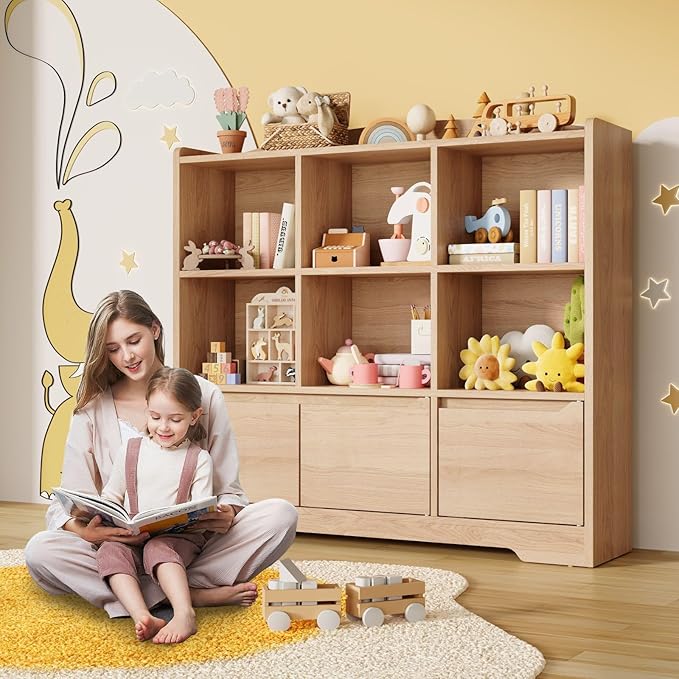 Kids Bookshelf and Toy Organizer, 2 Tier Kids Book Shelf for Kid Rooms with 2 Doors, 6 Cubes Storage Organizer,Wood Children Bookcase,Freestanding Toddler Book Display Shelf for Playroom