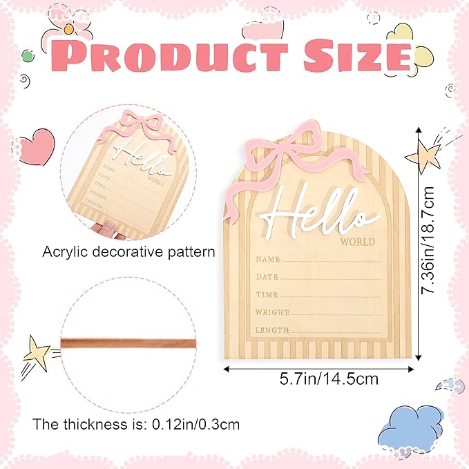 Bow Hello World Wooden Board - Hospital Newborn Information Record,Birth Milestone Bulletin Board Photo Props,Sweet Pink Bow Nursery Decorations,Little Princess Hello World Announcement Sign