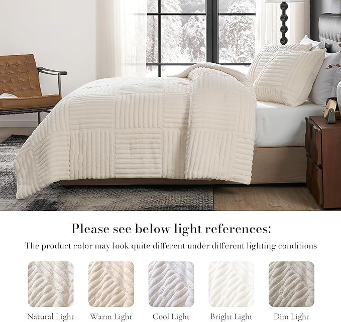 Amélie Home King Size Comforter Set with Stripe Jacquard Design, Beige Fluffy Fleece Bedding Set, Super Warm Fuzzy Plush Bedding Set for Winter, 3 Pieces, 1 Soft Comforter and 2 Pillowcases