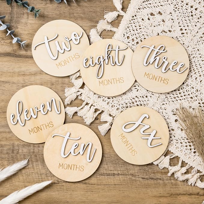 Milestone Wooden Circles for Monthly Baby: Newborn Age Milestone Signs Cards for Hospital - Month Markers Discs for New Boys and Girls