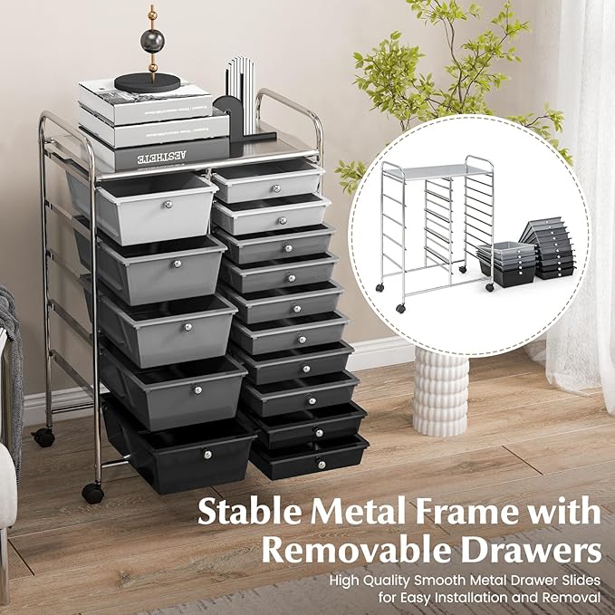 RELAX4LIFE 15-Drawer Storage Drawer Carts - Mobile Rolling Utility Cart w/Wheels, Craft Organizer for Classroom Organization and Storage, School, Office, Home, Storage Organizer Cart (Gradient Black)
