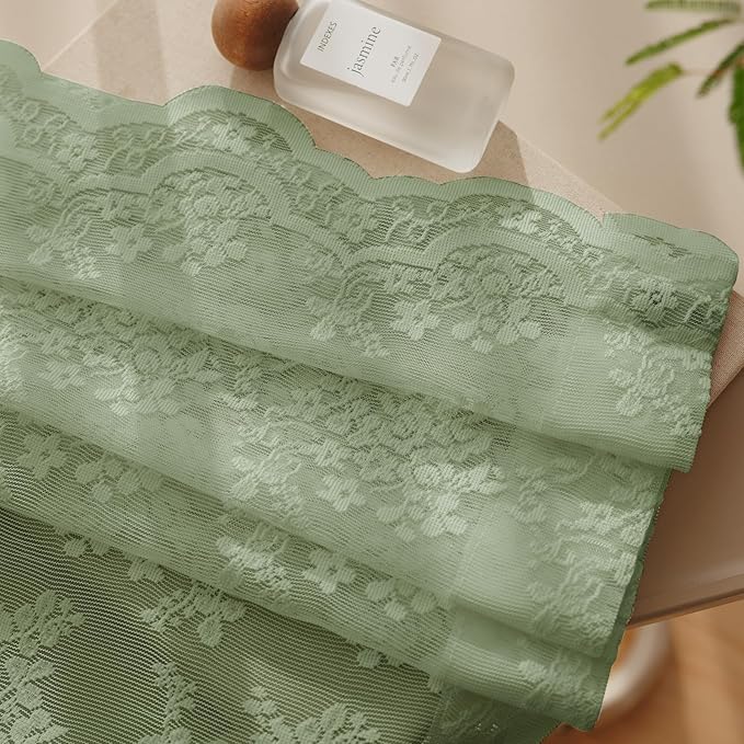 Anmao Vintage Sage Green Lace Curtains 63 Inches Long 2 Panels Sets, Romantic Light Filtering Semi Sheer Floral Thick Lacy Curtain Drapes for Living Room and Bedroom, Each Panel 55W x 63L, Sage Green