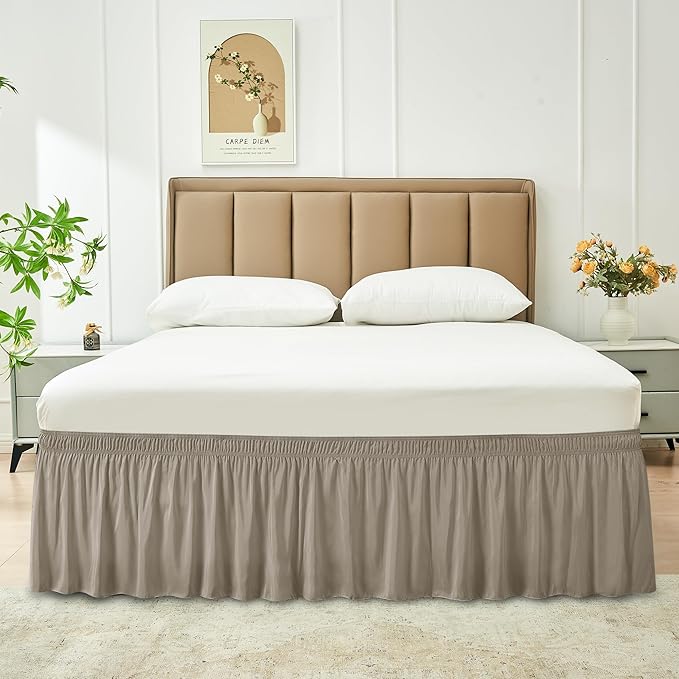 Biscaynebay Wrap Around Bed Skirts for Twin & Twin XL Beds 15" Drop, Taupe Adjustable Elastic Dust Ruffles Easy Fit Wrinkle & Fade Resistant Silky Luxurious Fabric Machine Washable