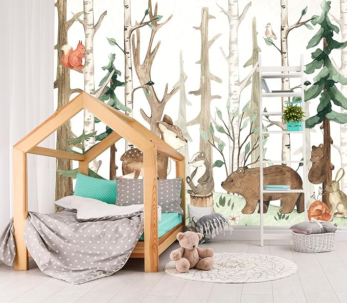 XMPMBM-Cartoon Hand-Painted Animals Woodland Nursery Room Fabric Wallpaper Graffiti Pine Forest Kids Gaming Room Wall Mural-W 154" X H 105"（112 Square Foot）