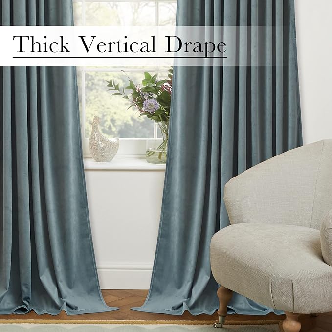 StangH Stone Blue Room Darkening Velvet Curtains Back Tab Thermal Insulated Drapes for Sliding Door Privacy Protect Dividers for Living Dining Room, W62 x L84, 2 Panels