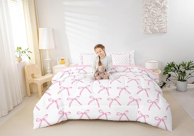 7 Pieces Cartoon Bowknot Kids Comforter Queen,Pink Bow Tie Butterfly Knot Princess Bedding Set,Watercolor Bow Patchwork Pink White（Comforter+Fitted+Flat Sheet+2 Pillowcases+2 Throw Pillow Covers）
