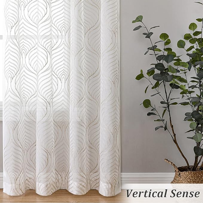 VISIONTEX Sheer Curtains 108 Inches Long 2 Panels Set, Taupe Moroccan Embroidery Texture Geometric Rod Pocket Ivory Voile Tulle Semi Window Treatment Pair for Bedroom, W54 x L108