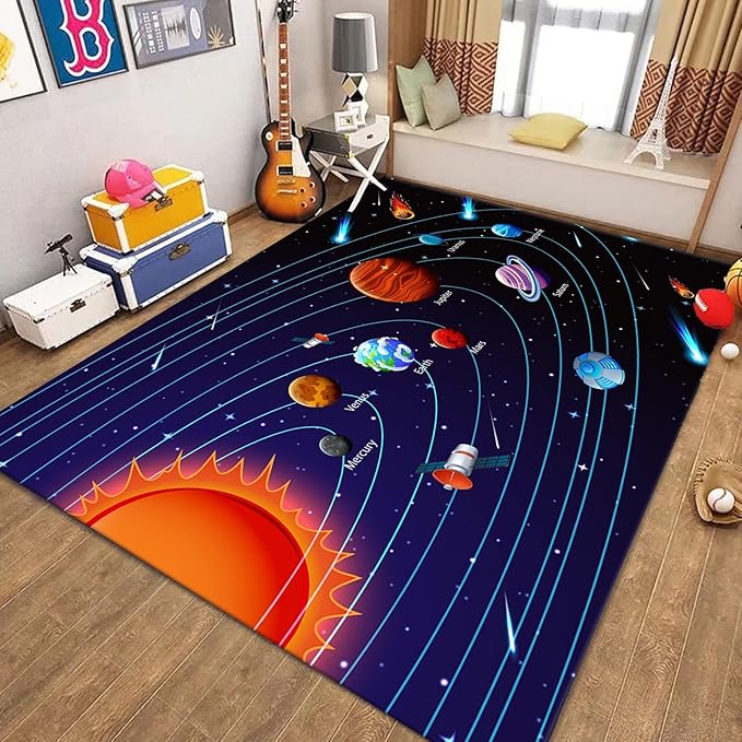 Cartoon Space Solar System Planet Area Rug,3x5ft,Outer Space Themed Rugs, Non-Slip Washable, Easy Care Rug, Suitable for Kids Playroom, Boys and Girls Room Decor