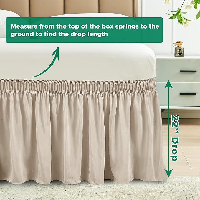 Biscaynebay Wrap Around Bed Skirts for Queen Beds 22" Long Drop, Light Camel Adjustable Elastic Dust Ruffles Easy Fit Wrinkle Resistant Silky Luxurious Fabric Machine Washable