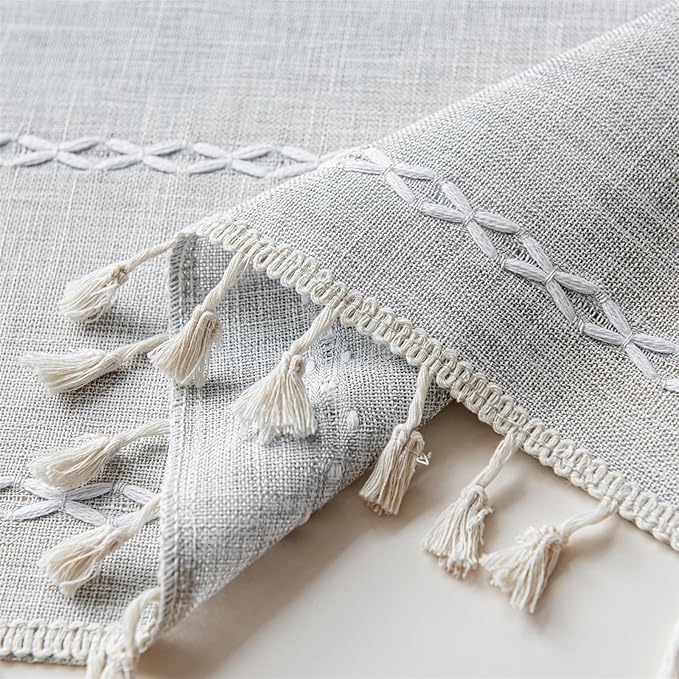Deeprove Silver Grey Boho Curtains 96 inches Length for Bedroom Living Room, Light Gray Bohemian 96 inches Long Embroideried Cottage Farmhouse Vintage Tassel Window Treatments, W52 x L96, 1 Panel