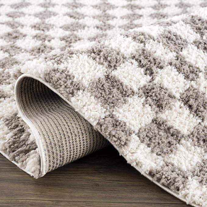 Hauteloom Kieu Contemporary Checkered Fluffy Shag Area Rug - Modern Geometric Soft Carpet Tiles for Living Room, Kids Room, Nursery - Gray, Light Grey, White - 6'7" x 9'