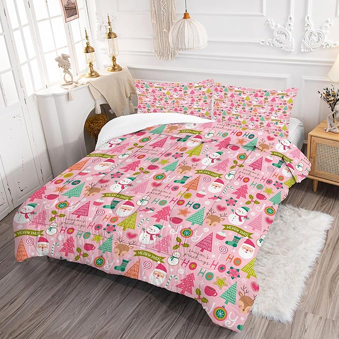 Pink Christmas Comforter Set: Full Size Cartoon Xmas Snowman Bedding Sets Cute Santa Claus Christmas Tree Elk 3 Piece Quilt Bed Set 1 Comforter & 2 Pillowcases