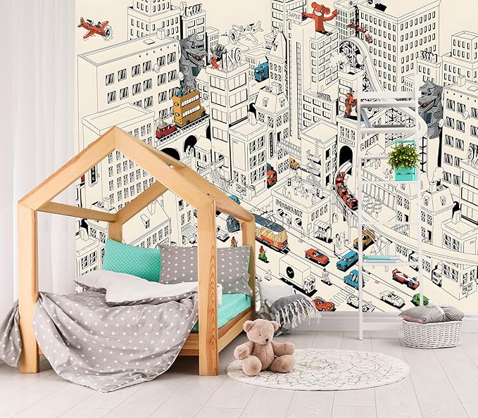 XMPMBM-Cartoon Comics City Nursery Room Fabric Wallpaper Kids Bedroom Hand-Painted Graffiti Wall Mural-W 154" X H 105"（112 Square Foot）