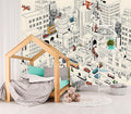 XMPMBM-Cartoon Comics City Nursery Room Fabric Wallpaper Kids Bedroom Hand-Painted Graffiti Wall Mural-W 154" X H 105"（112 Square Foot）